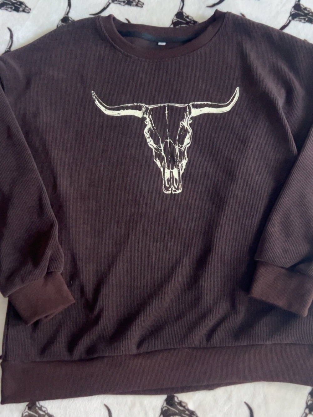 Western Longhorn Bull Skull Graphic Ribbed Sweatshirt Brown XL